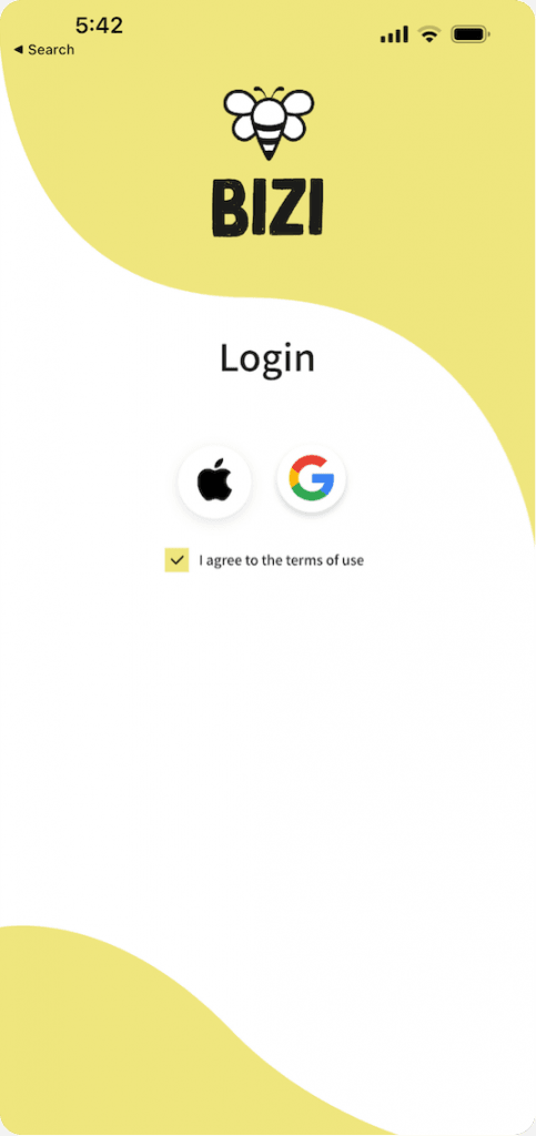 BIZI login screen with Google and Apple sign-in options