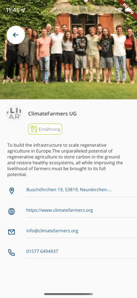 App screen showing the detail page of a sustainable impact company