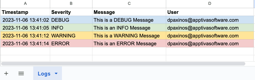 Screenshot showing local Google Apps Script Logs