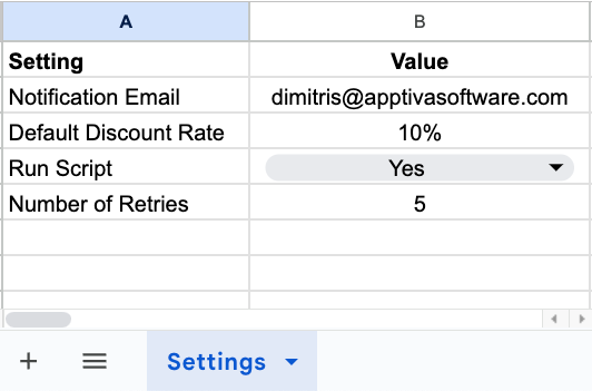 Google Sheets Screenshot showing script settings