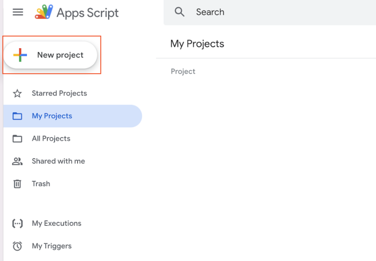 Google Apps Script dashboard with the "New Project" button highlighted.