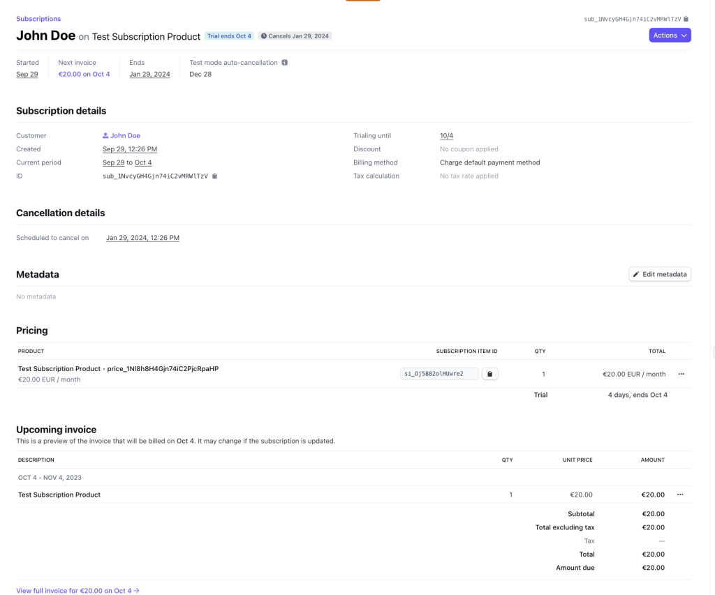 Picture showing a newly created Stripe subscription