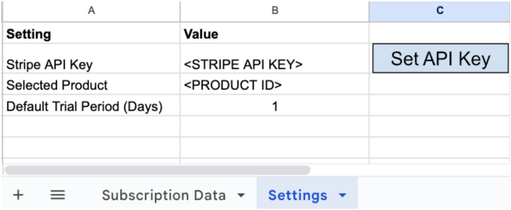 Automate Customer Recurring Billing with Stripe and Google Sheets: Picture shows the Settings tab