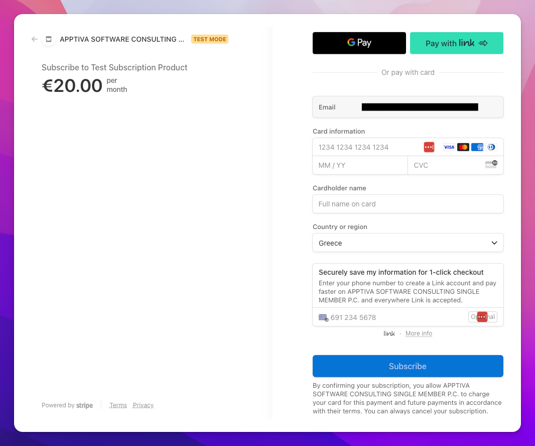 Stripe Subscription Payment Page with credit card