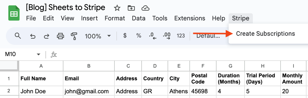 Picture showing how to trigger the Google Apps Script to Automate Customer Recurring Billing